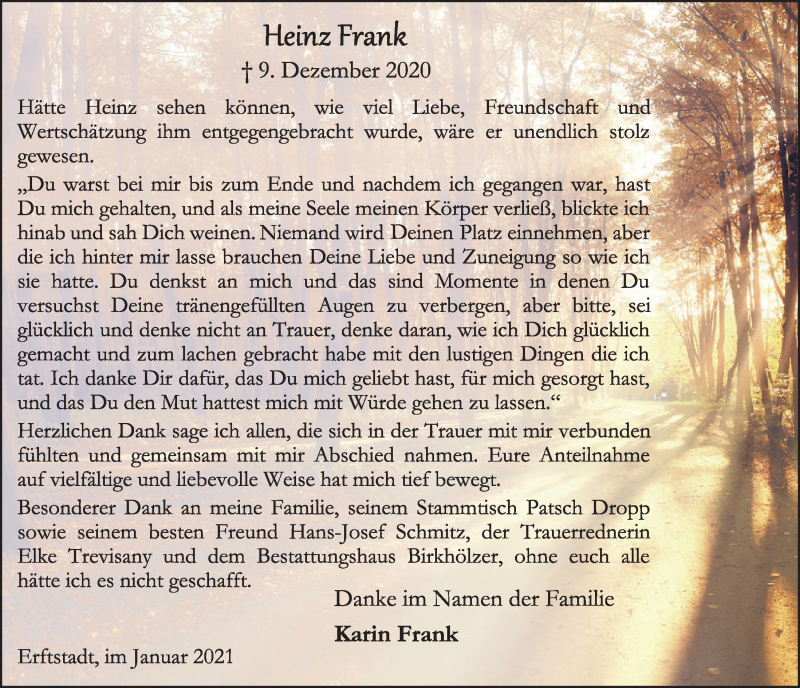  Traueranzeige für Heinz Frank vom 22.01.2021 aus  Wochenende  Werbepost 