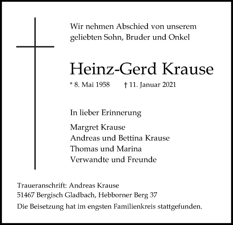  Traueranzeige für Heinz-Gerd Krause vom 30.01.2021 aus Kölner Stadt-Anzeiger / Kölnische Rundschau / Express