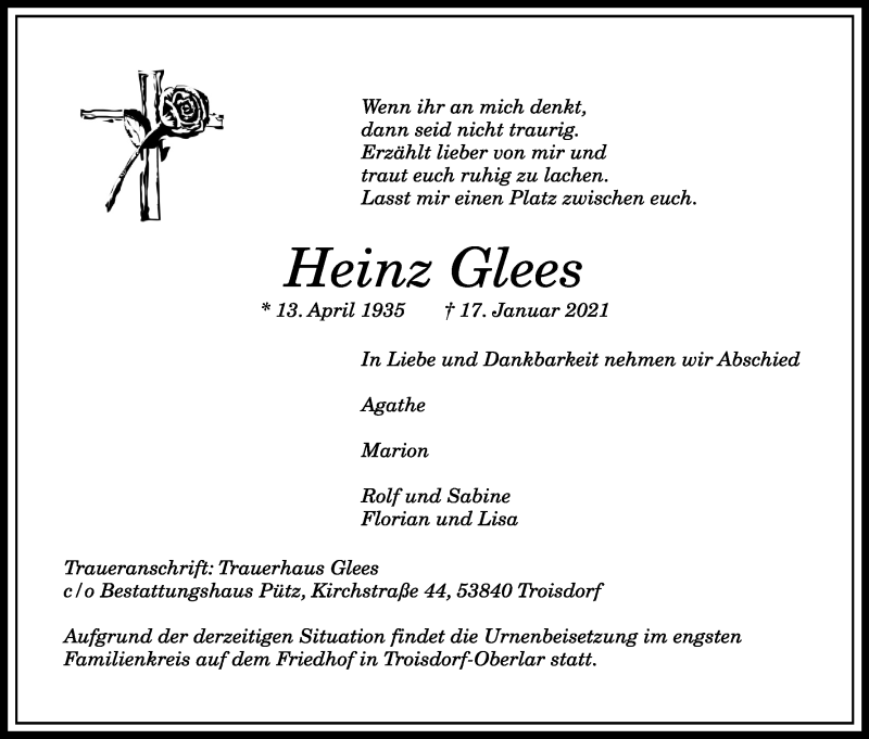 Traueranzeige für Heinz Glees vom 30.01.2021 aus Kölner Stadt-Anzeiger / Kölnische Rundschau / Express