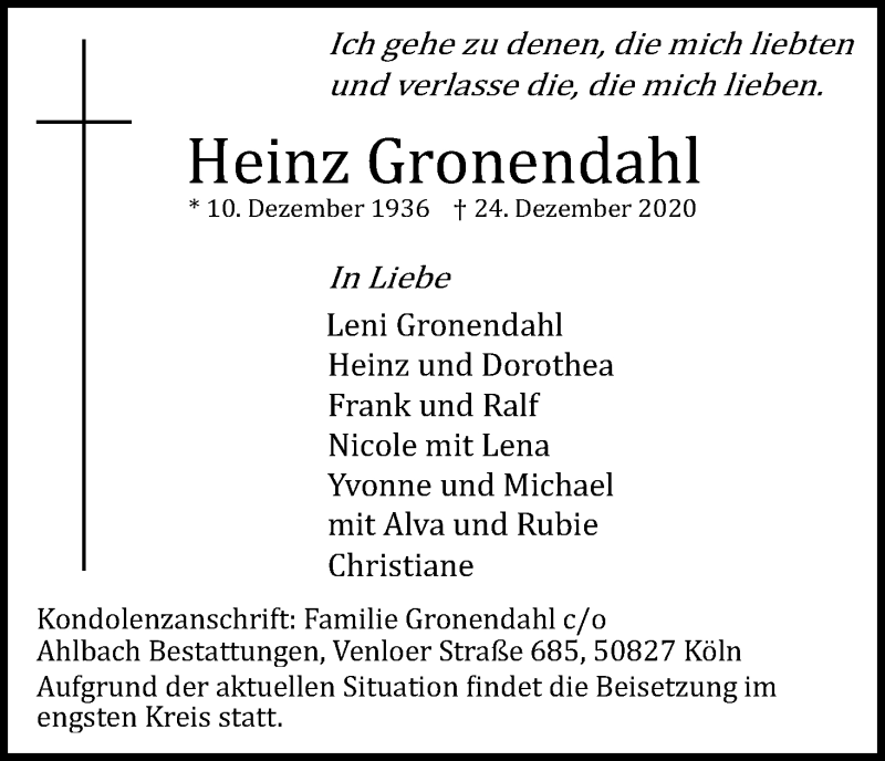  Traueranzeige für Heinz Gronendahl vom 09.01.2021 aus Kölner Stadt-Anzeiger / Kölnische Rundschau / Express