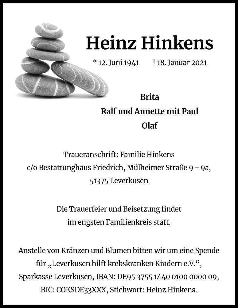  Traueranzeige für Heinz Hinkens vom 26.01.2021 aus Kölner Stadt-Anzeiger / Kölnische Rundschau / Express