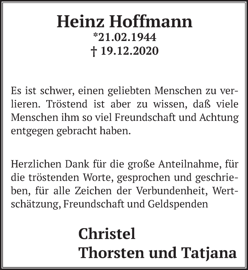  Traueranzeige für Heinz Hoffmann vom 22.01.2021 aus  Werbepost 