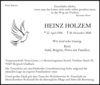 Anzeige von Heinz Holzem von Kölner Stadt-Anzeiger / Kölnische Rundschau / Express