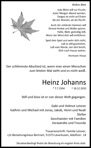Anzeige von Heinz Johanns von Kölner Stadt-Anzeiger / Kölnische Rundschau / Express