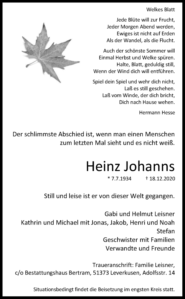  Traueranzeige für Heinz Johanns vom 09.01.2021 aus Kölner Stadt-Anzeiger / Kölnische Rundschau / Express