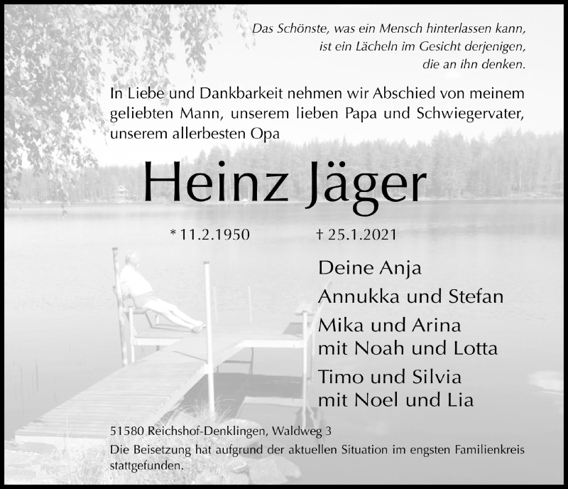 Traueranzeige für Heinz Jäger vom 29.01.2021 aus  Anzeigen Echo  Lokalanzeiger 