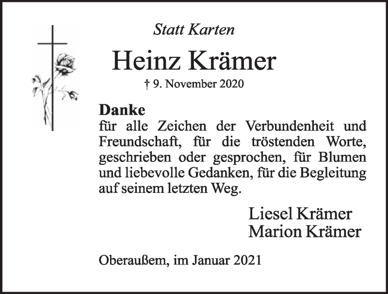  Traueranzeige für Heinz Krämer vom 08.01.2021 aus  Werbepost 