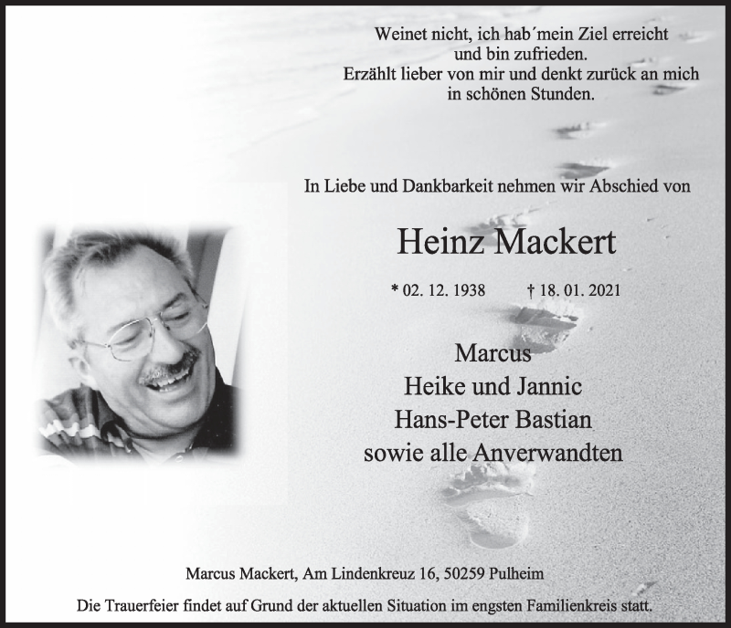  Traueranzeige für Heinz Mackert vom 22.01.2021 aus  Wochenende 