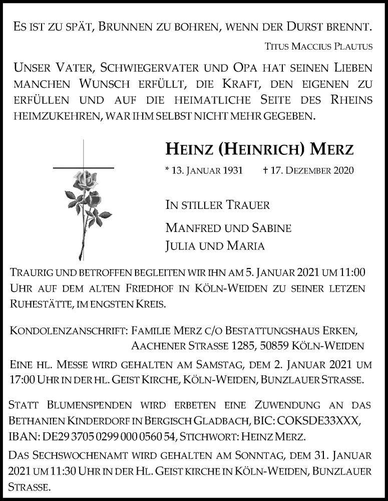  Traueranzeige für Heinz Merz vom 02.01.2021 aus Kölner Stadt-Anzeiger / Kölnische Rundschau / Express