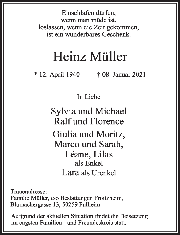  Traueranzeige für Heinz Müller vom 15.01.2021 aus  Wochenende 