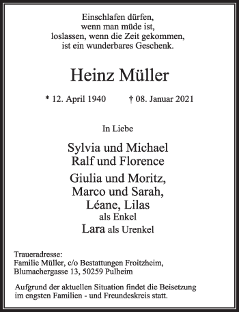 Anzeige von Heinz Müller von  Wochenende 