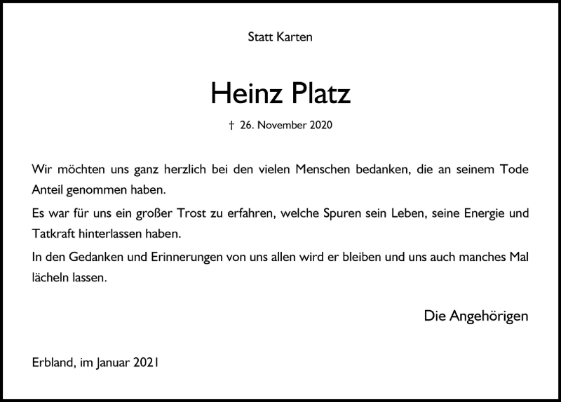  Traueranzeige für Heinz Platz vom 22.01.2021 aus  Anzeigen Echo  Lokalanzeiger 