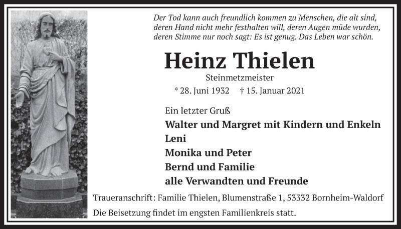  Traueranzeige für Heinz Thielen vom 22.01.2021 aus  Schaufenster/Blickpunkt 