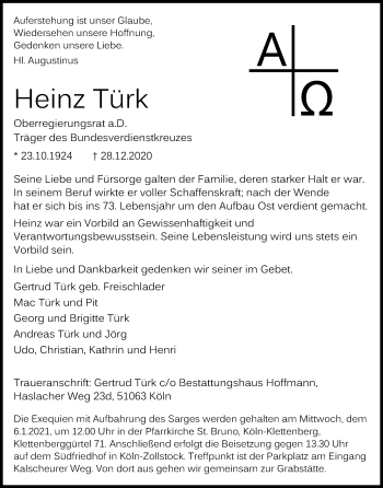 Anzeige von Heinz Türk von Kölner Stadt-Anzeiger / Kölnische Rundschau / Express