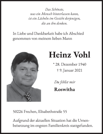 Anzeige von Heinz Vohl von  Wochenende 