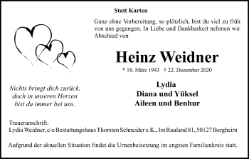 Anzeige von Heinz Weidner von Kölner Stadt-Anzeiger / Kölnische Rundschau / Express