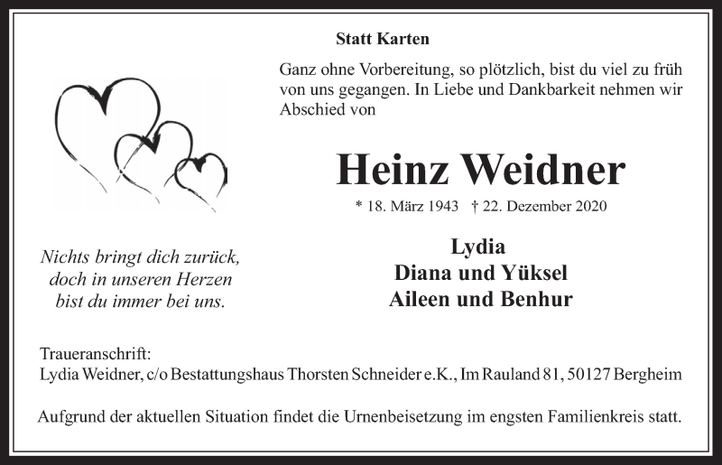  Traueranzeige für Heinz Weidner vom 02.01.2021 aus  Werbepost 