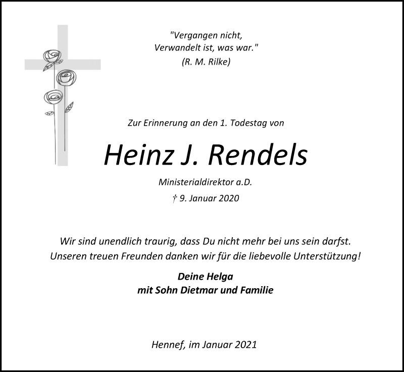  Traueranzeige für Heinz J. Rendels vom 09.01.2021 aus Kölner Stadt-Anzeiger / Kölnische Rundschau / Express