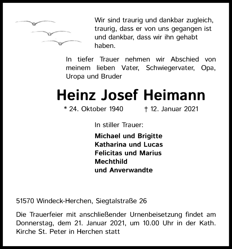  Traueranzeige für Heinz Josef Heimann vom 16.01.2021 aus Kölner Stadt-Anzeiger / Kölnische Rundschau / Express