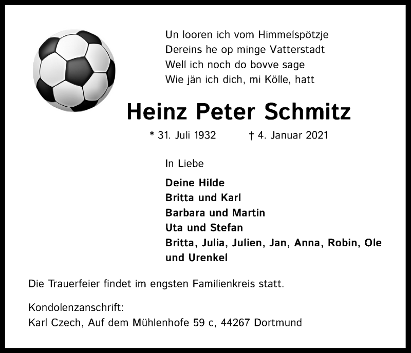  Traueranzeige für Heinz Peter Schmitz vom 09.01.2021 aus Kölner Stadt-Anzeiger / Kölnische Rundschau / Express