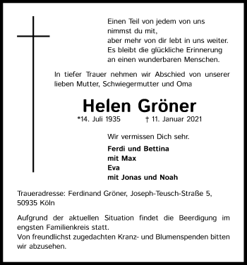 Anzeige von Helen Gröner von Kölner Stadt-Anzeiger / Kölnische Rundschau / Express