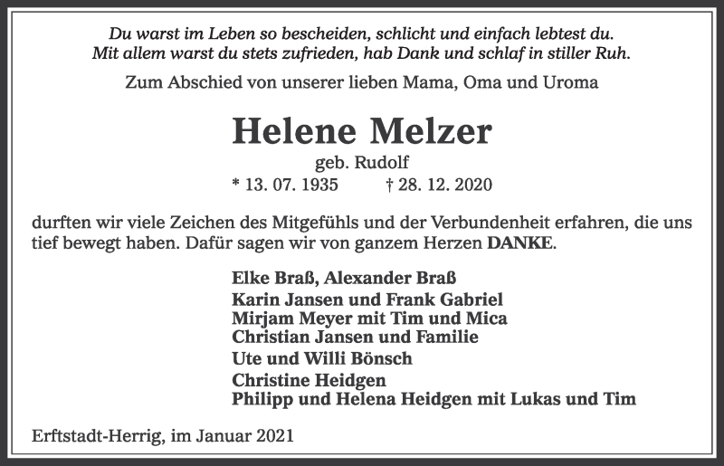  Traueranzeige für Helene Melzer vom 22.01.2021 aus  Werbepost 