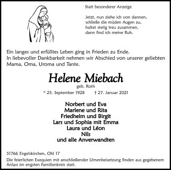 Anzeige von Helene Miebach von Kölner Stadt-Anzeiger / Kölnische Rundschau / Express