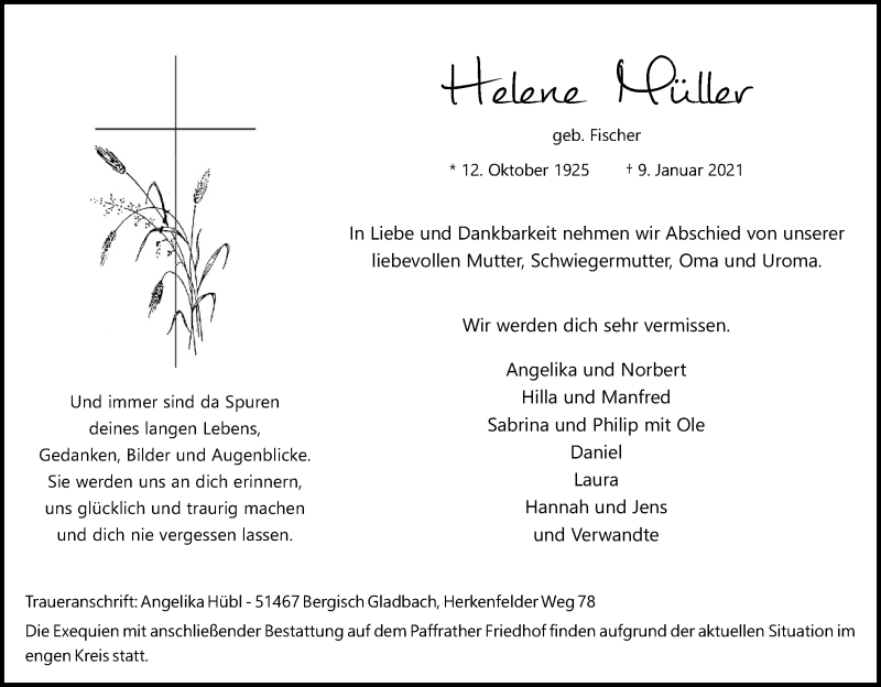  Traueranzeige für Helene Müller vom 16.01.2021 aus Kölner Stadt-Anzeiger / Kölnische Rundschau / Express