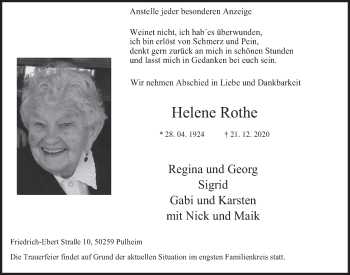 Anzeige von Helene Rothe von  Wochenende 