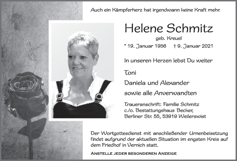  Traueranzeige für Helene Schmitz vom 16.01.2021 aus  Blickpunkt Euskirchen 