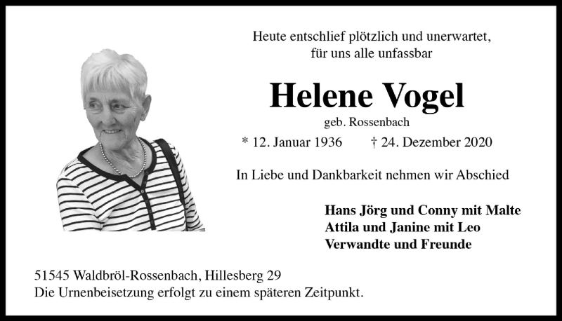  Traueranzeige für Helene Vogel vom 02.01.2021 aus  Lokalanzeiger 