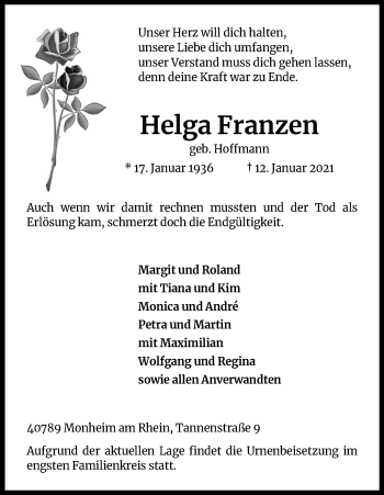 Anzeige von Helga Franzen von Kölner Stadt-Anzeiger / Kölnische Rundschau / Express