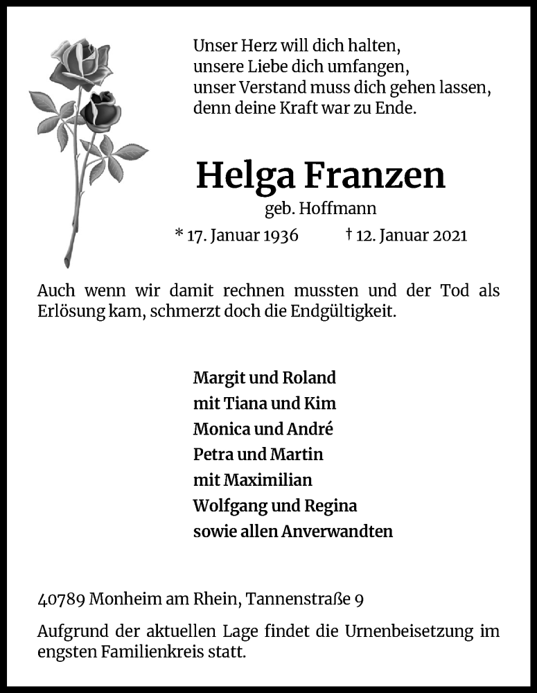  Traueranzeige für Helga Franzen vom 23.01.2021 aus Kölner Stadt-Anzeiger / Kölnische Rundschau / Express