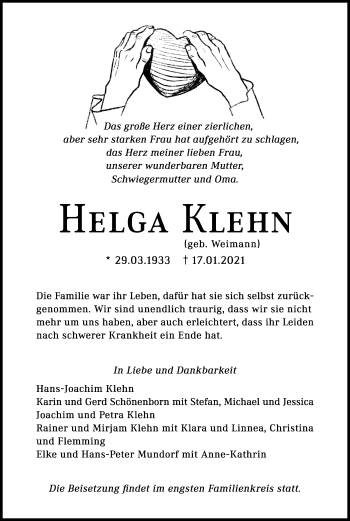 Anzeige von Helga Klehn von Kölner Stadt-Anzeiger / Kölnische Rundschau / Express