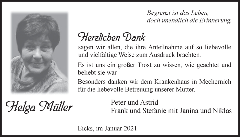  Traueranzeige für Helga Müller vom 23.01.2021 aus  Blickpunkt Euskirchen 