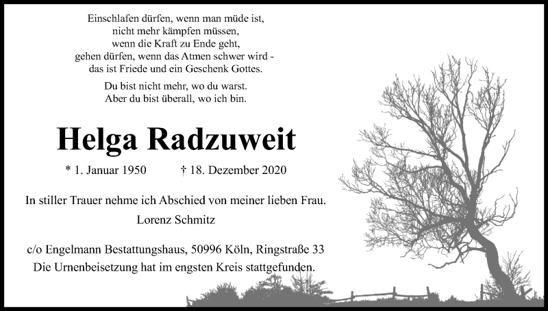  Traueranzeige für Helga Radzuweit vom 16.01.2021 aus Kölner Stadt-Anzeiger / Kölnische Rundschau / Express
