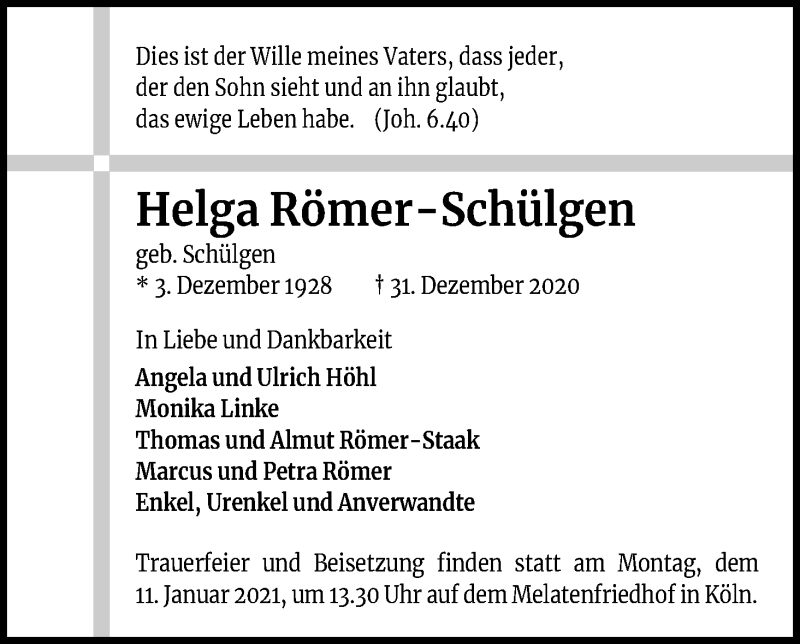  Traueranzeige für Helga Römer-Schülgen vom 09.01.2021 aus Kölner Stadt-Anzeiger / Kölnische Rundschau / Express