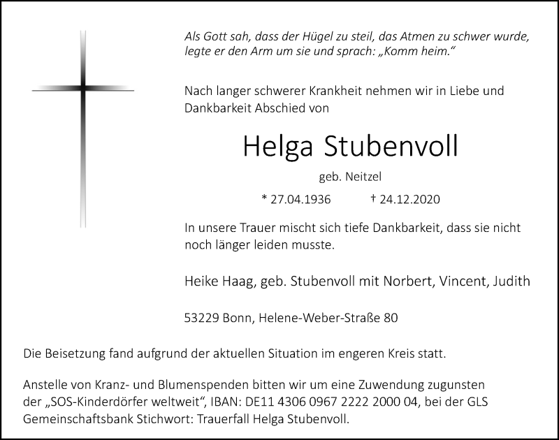  Traueranzeige für Helga Stubenvoll vom 09.01.2021 aus  Blickpunkt Euskirchen 