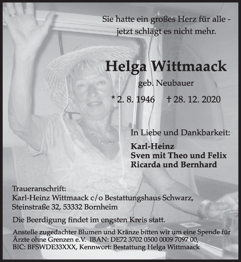  Traueranzeige für Helga Wittmaack vom 02.01.2021 aus  Schlossbote/Werbekurier 