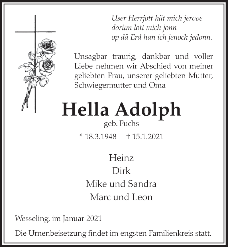  Traueranzeige für Hella Adolph vom 29.01.2021 aus  Schlossbote/Werbekurier 