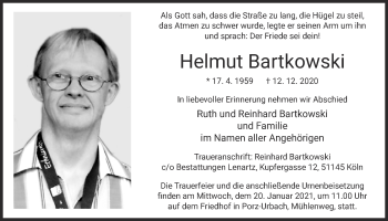 Anzeige von Helmut Bartkowski von  Kölner Wochenspiegel 
