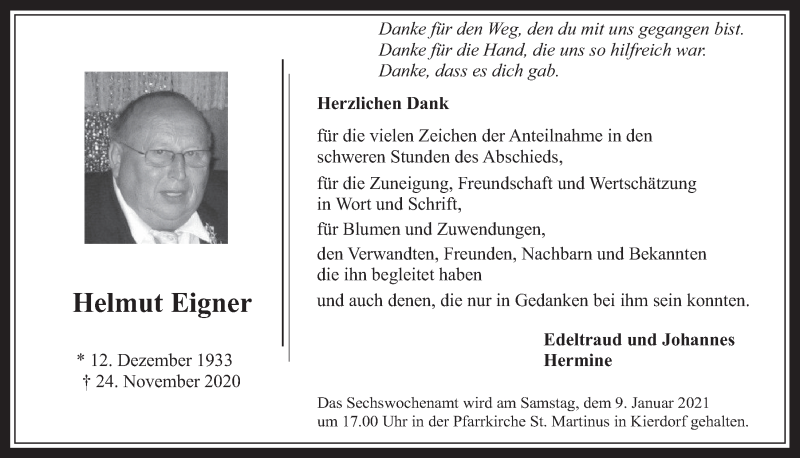  Traueranzeige für Helmut Eigner vom 02.01.2021 aus  Werbepost 