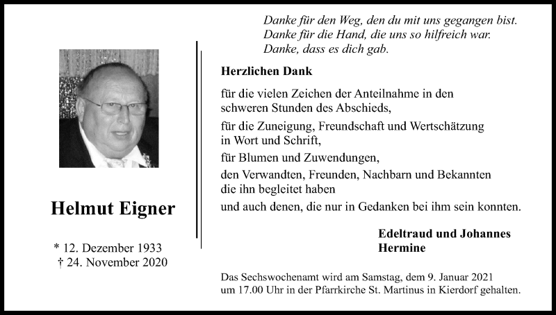  Traueranzeige für Helmut Eigner vom 02.01.2021 aus Kölner Stadt-Anzeiger / Kölnische Rundschau / Express