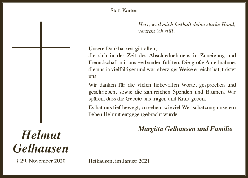  Traueranzeige für Helmut Gelhausen vom 15.01.2021 aus  Anzeigen Echo 