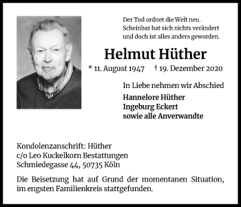 Anzeige von Helmut Hüther von Kölner Stadt-Anzeiger / Kölnische Rundschau / Express