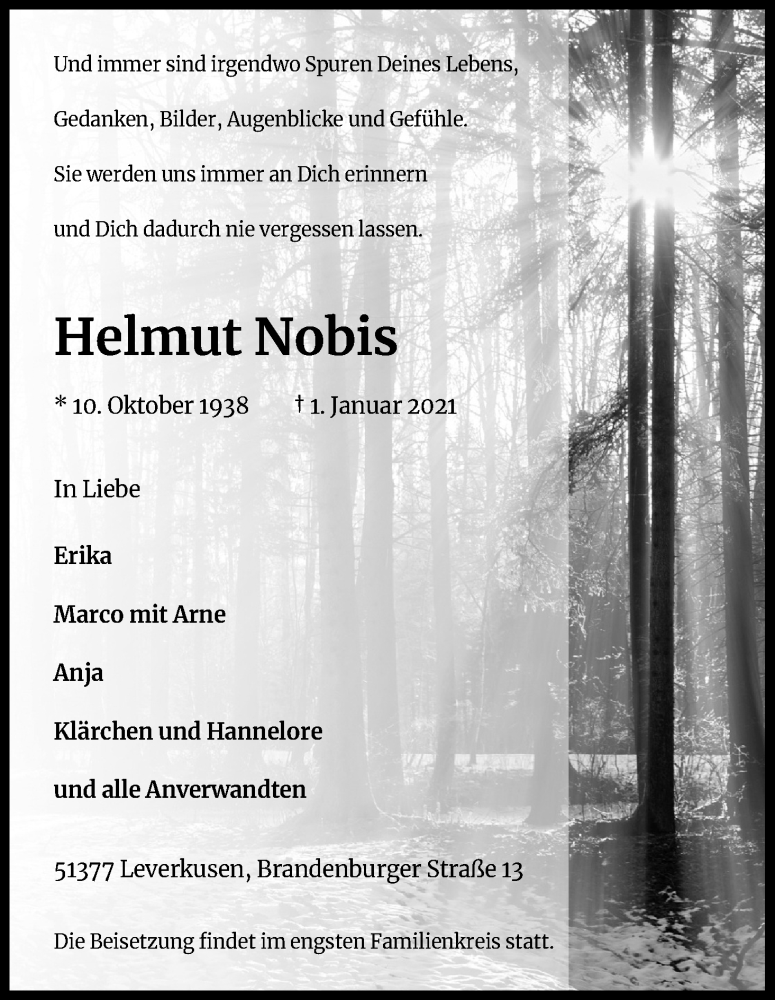  Traueranzeige für Helmut Nobis vom 09.01.2021 aus Kölner Stadt-Anzeiger / Kölnische Rundschau / Express