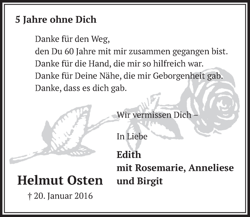  Traueranzeige für Helmut Osten vom 15.01.2021 aus  Schlossbote/Werbekurier 