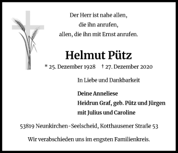 Anzeige von Helmut Pütz von Kölner Stadt-Anzeiger / Kölnische Rundschau / Express