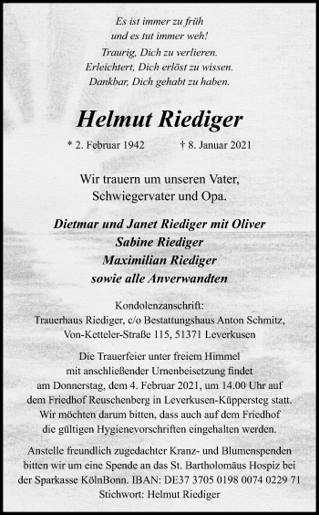 Anzeige von Helmut Riediger von Kölner Stadt-Anzeiger / Kölnische Rundschau / Express