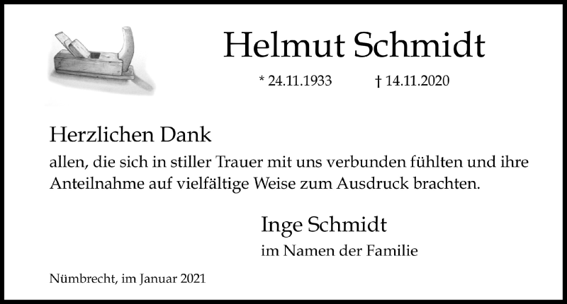  Traueranzeige für Helmut Schmidt vom 15.01.2021 aus  Lokalanzeiger 
